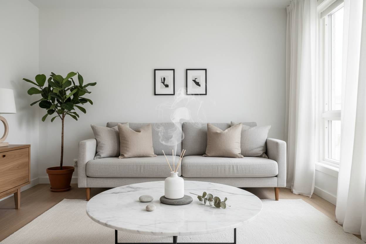 Un living room con estilo minimalista, una mesa de marmol con una esencia aromatica. El entorno debe ser minimalista, estilo nordico y elegante