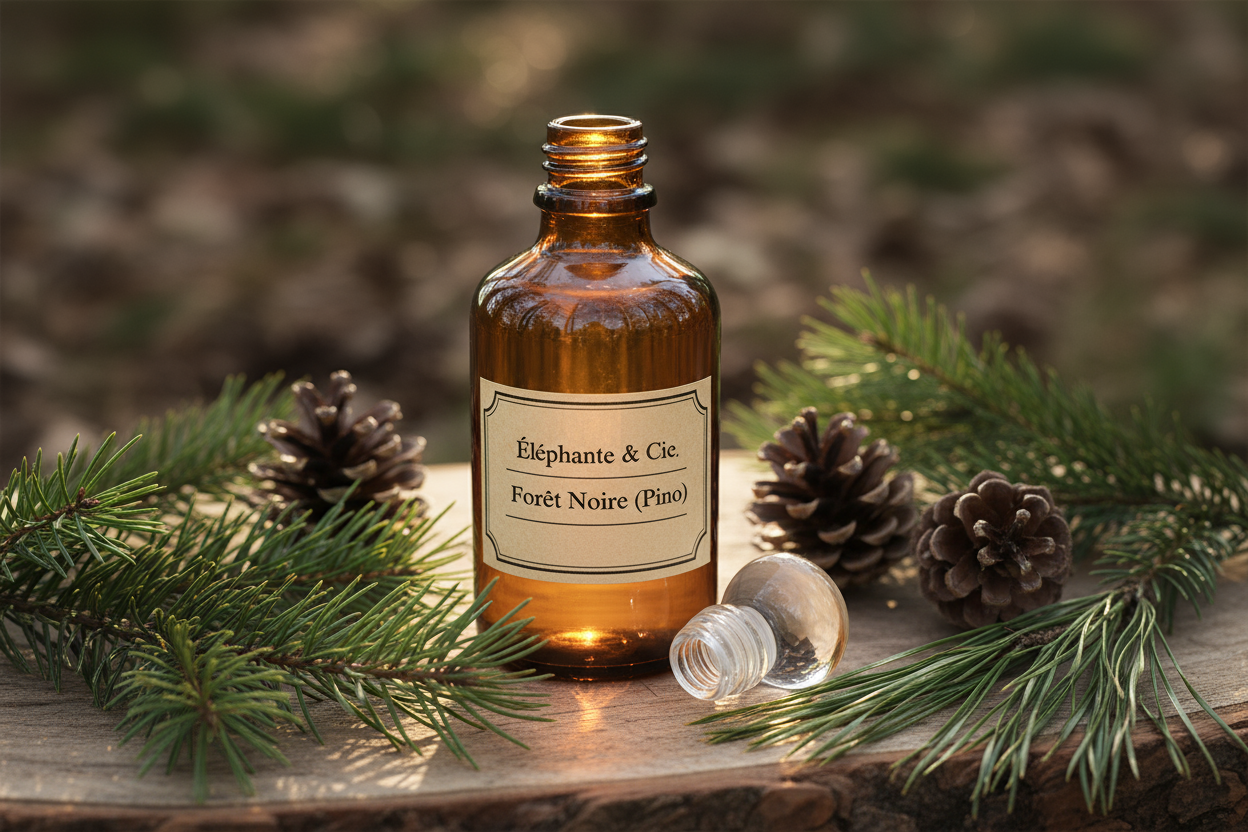 Una inmersión profunda, fresca y envolvente en el bosque. Esta esencia evoca la calma y la majestuosidad de los pinos, ideal para crear un refugio natural y renovador en tu hogar. Envase de Vidrio Ámbar de Estilo Boticario (o Farmacéutico):" Un diseño clásico y robusto que protege la esencia de la luz, preservando su pureza y potencia aromática a lo largo del tiempo. Debe estar destapada y en la etiqueta debe salir: Élèphante & Cie | forêt noire (pino)