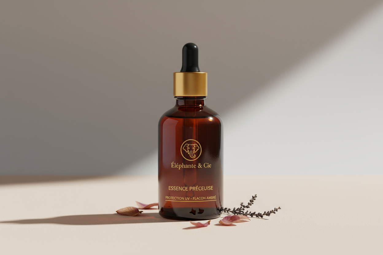 Vidrio oscuro de alta calidad que preserva la pureza de la esencia. Diseño boticario elegante y atemporal, con tapa dosificadora para un uso preciso y sin desperdicios. botella de vidrio ámbar de Éléphante & Cie,Cada esencia se presenta en una botella de vidrio ámbar oscuro de estilo boticario. Este material no solo es atemporal y elegante, sino que es esencial para proteger la fragancia de los rayos UV, garantizando la pureza y potencia del aroma desde el primer hasta el último uso.