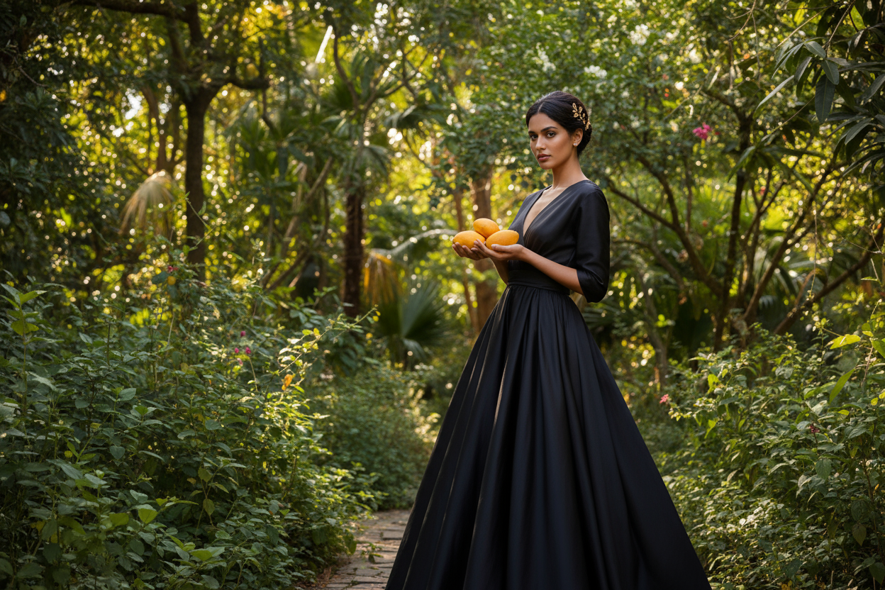 Mujer elegante con vestido negro de pie con mangos en las manos y un fondo de arboles