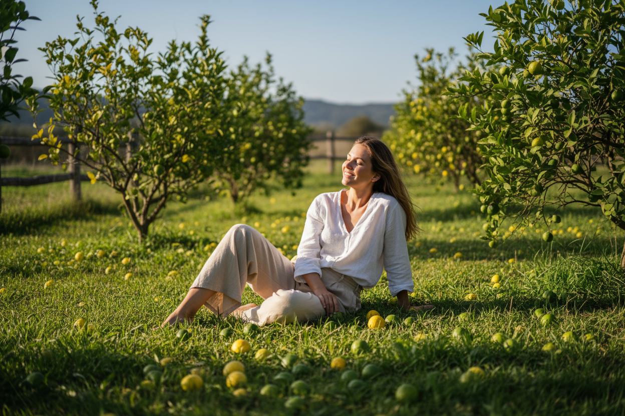 Mujer en posicion comoda en el pasto, sonriente de forma casual en un campo de limas verdes